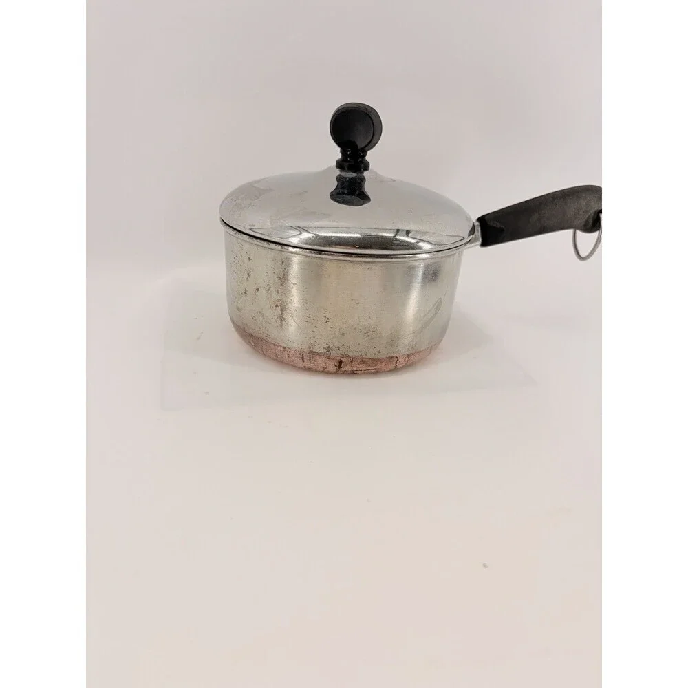 Vintage REVERE WARE 1 Qt Quart Copper Bottom Sauce Pan with Lid Stainless Steel